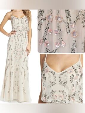 Adrianna Papell Floral Blush Mesh Beaded Blouson Maxi Gown Ivory Pink Dress sz 4